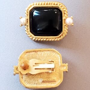 Classic Gverducci  Black and Gold Clip Runway Earrings with Pearl Accents